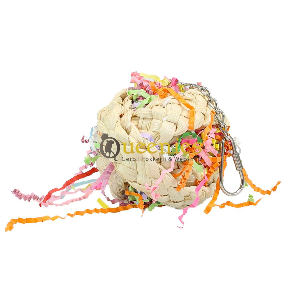 Gekleurde speelbal met slierten van papier voor Papegaai